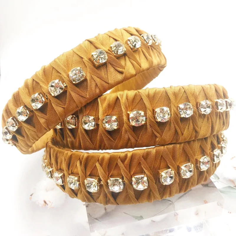 

New Shining Rhinestone Hairband Women Solid Cloth Headband Adult Yellow Hair Accessories Female Headwear Turban Girls Wholesale