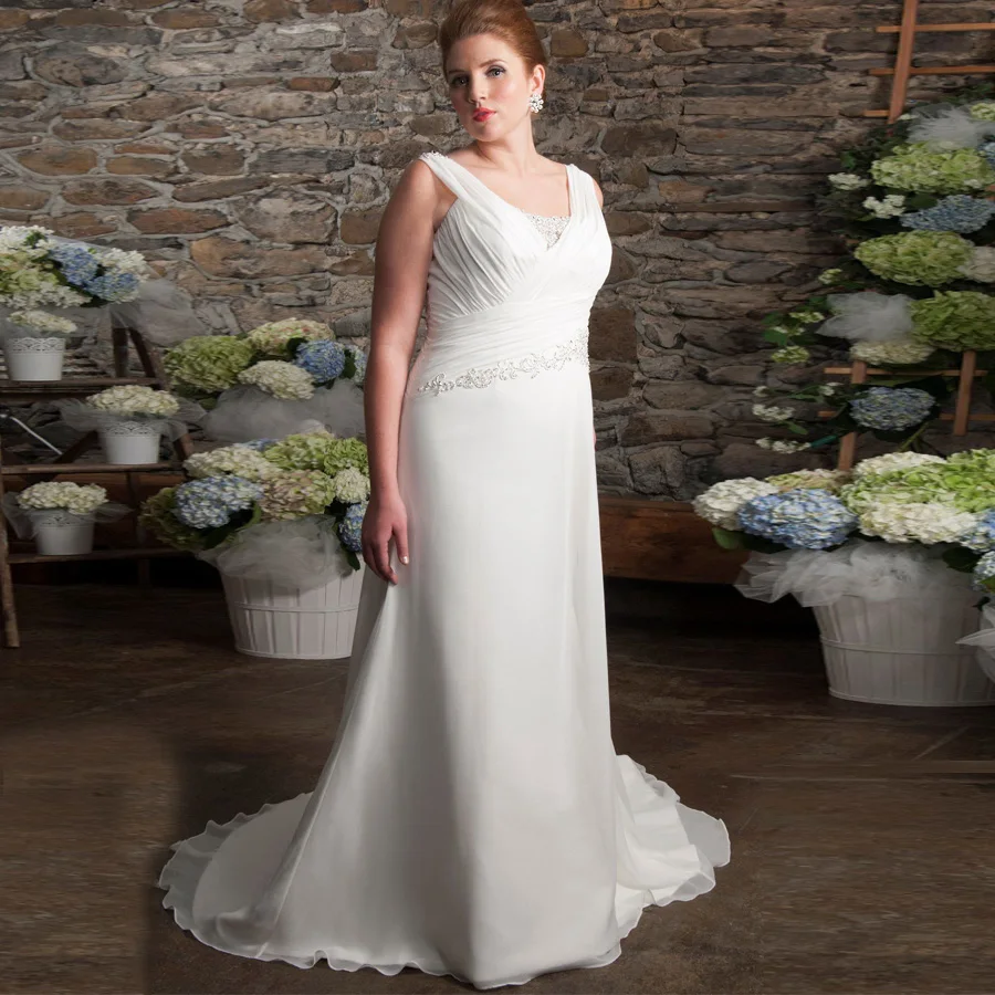 

Sexy Plus Size Wedding Dresses V-neck Pleats Robe de Mariage Sweep Train Beading Appliqued Open Back Chiffon Bridal Gown