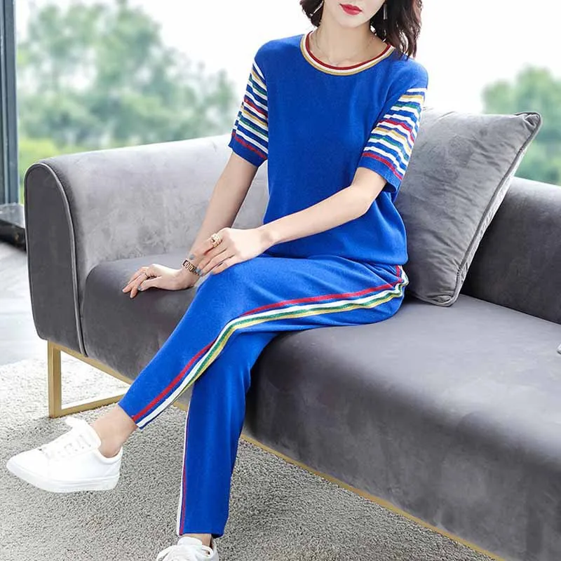 

Viscose Sweater Women's 2019 New Style Summer Korean-style Loose-Fit Sports WOMEN'S Suit-Style Slim Fit Stripes Two-Piece Set