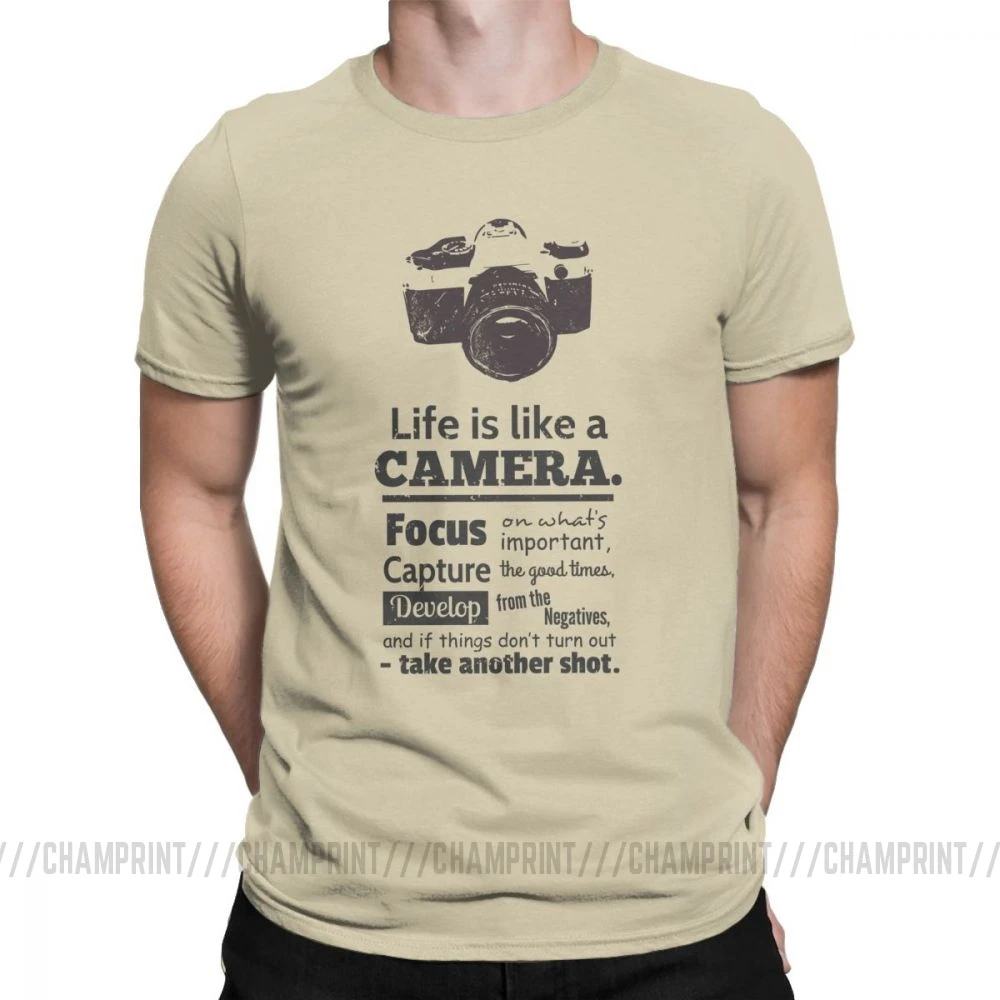 Vintage Chic Life Is Like A Camera Cotton Graphic T-Shirt for Men - Short Sleeve Tees, Plus Size Available