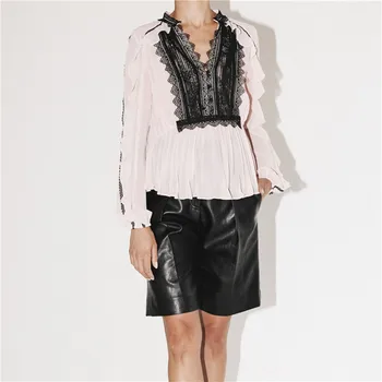 

2020 Spring Summer Women's Ruffle Stitching Shirt Lace Patchwork Long Sleeve V-neck Loose Blouse
