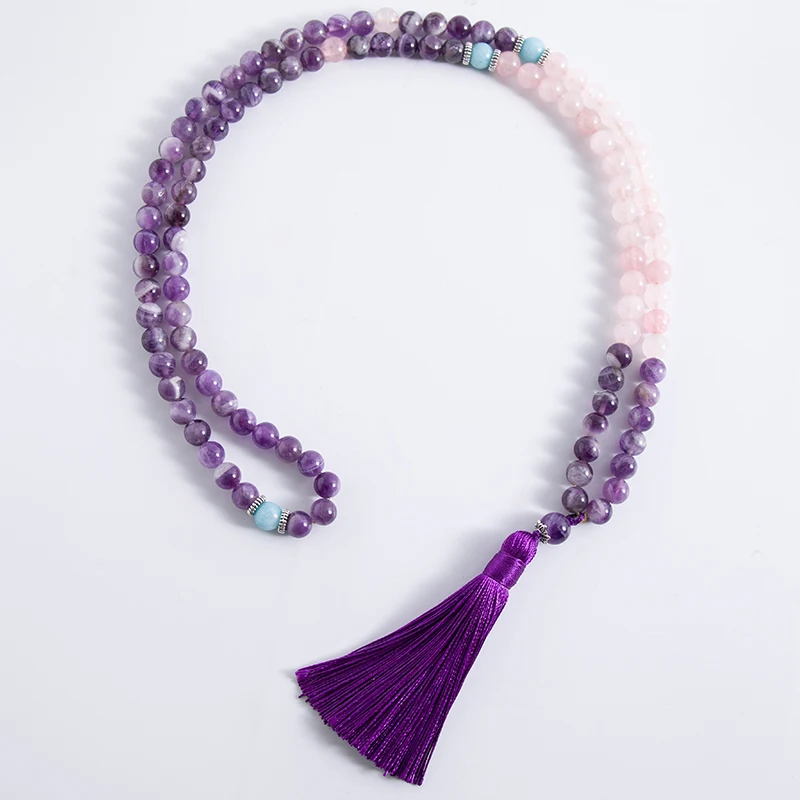 8mm Natural Amethyst 108 Beads Tassel Knotted Necklace Buddhism Reiki Yoga 