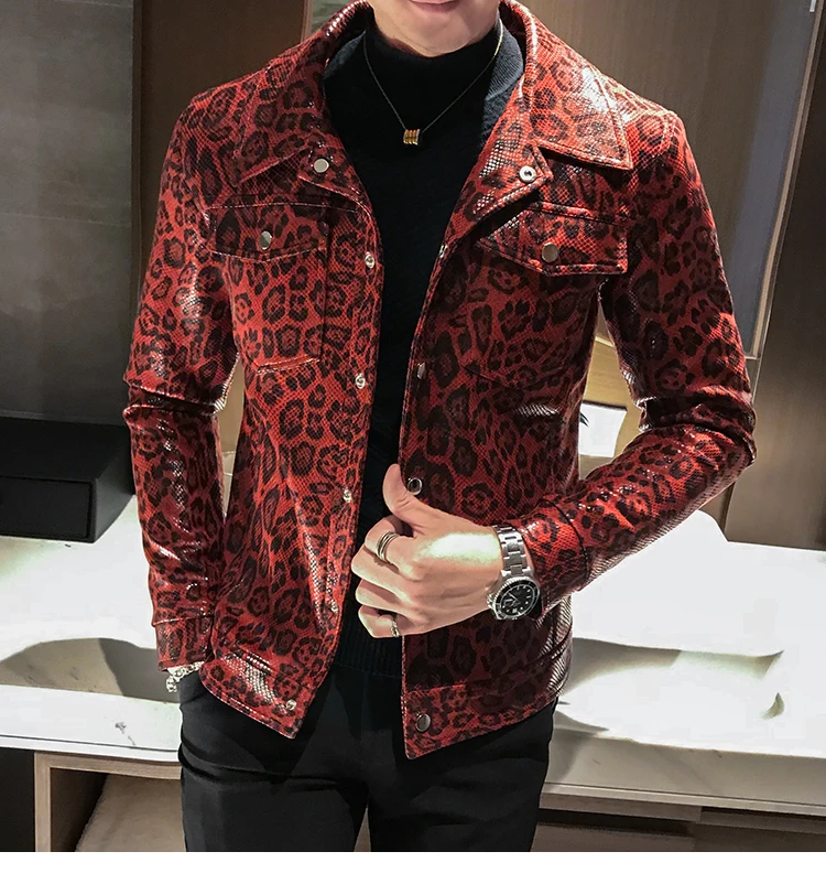 Jaqueta De Couro Masculina, осенняя мужская кожаная куртка с леопардовым принтом и карманами, кожаная одежда, Свободное пальто