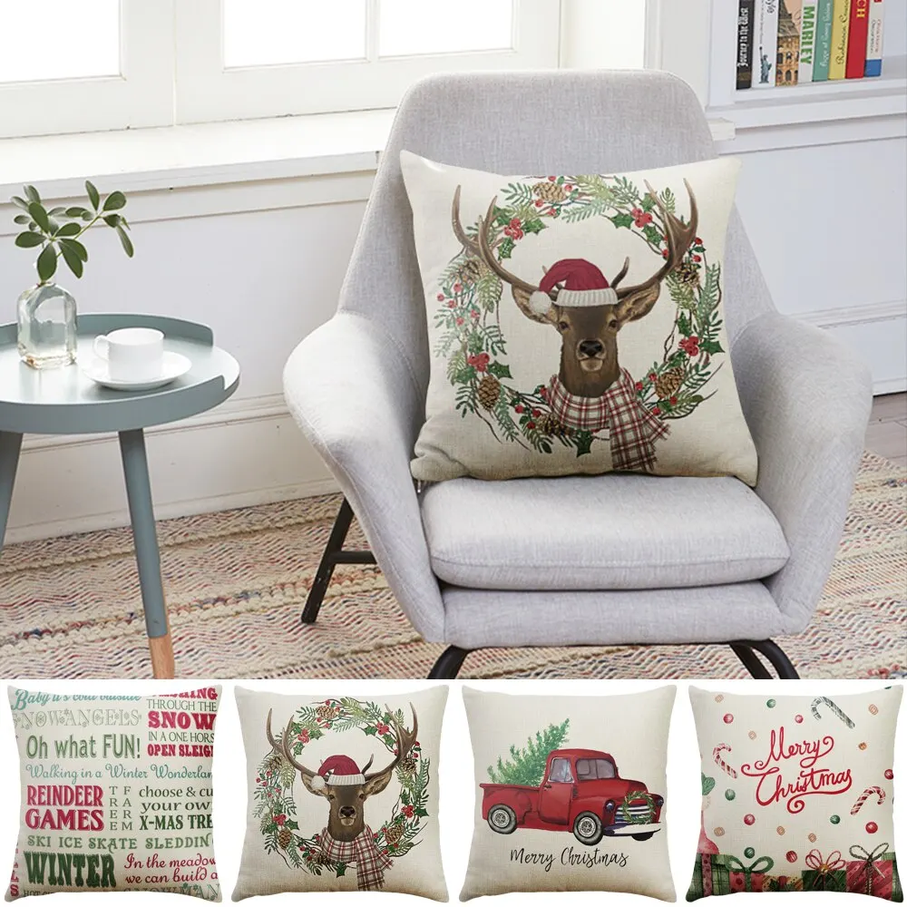 

New Christmas Deer Gifts Cotton Linen Throw Pillow Cushion Cover Car Home Sofa Decorative Pillowcase 45x45cm Dropshopping