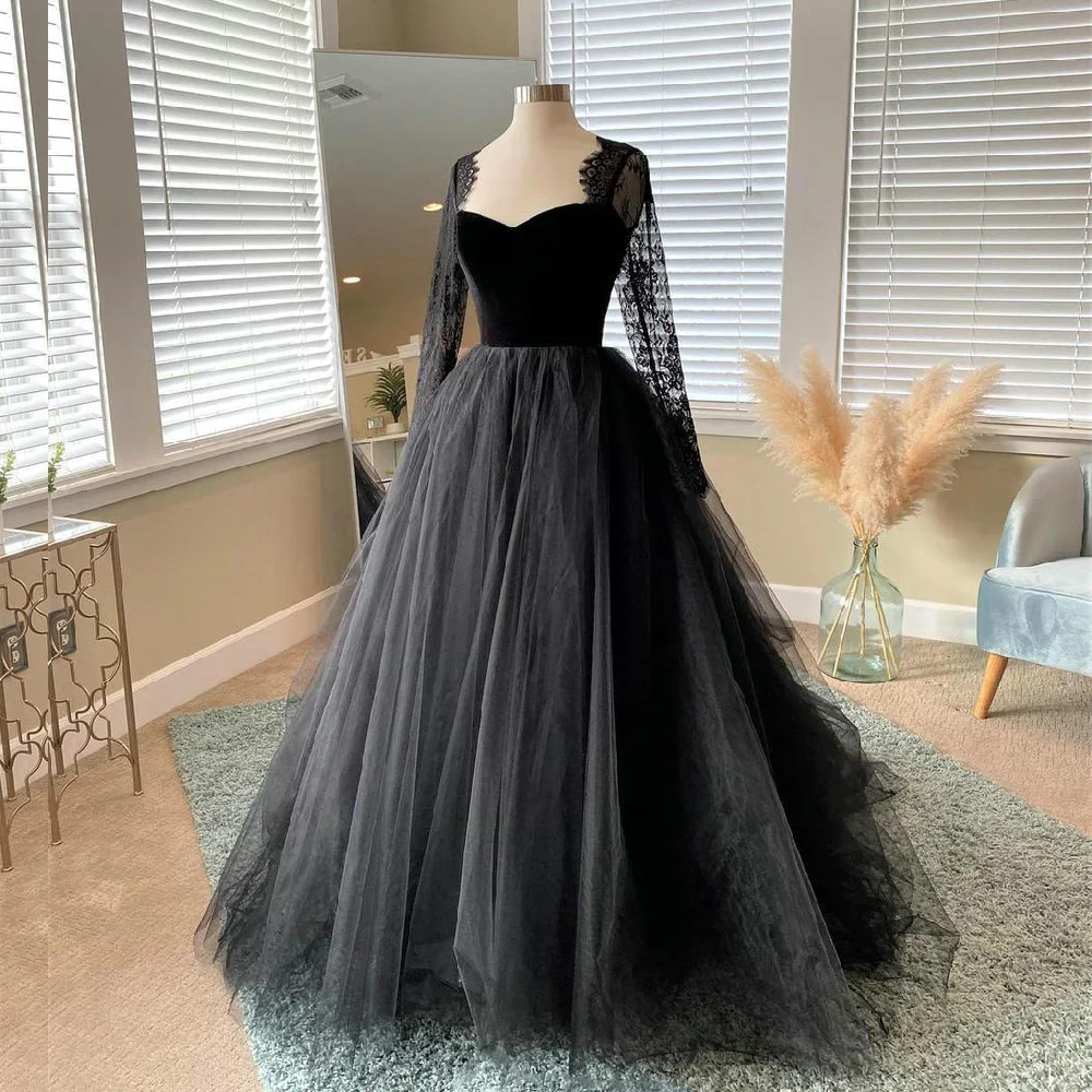 DREAM vestido de novia gótico para tul mangas largas, traje de boda negro de barrido, escote Corazón, escalonado, apliques de 2022|Vestidos de novia| - AliExpress