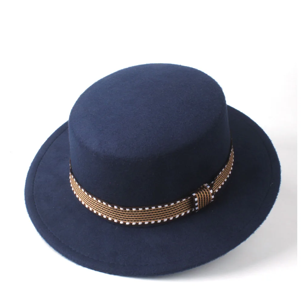 Dark Blue Новая мужская и женская модная шляпа на плоской подошве с поясом из шерсти мягкая фетровая шляпа-пирожок джаз шляпа размер 56-58 см - Цвет: Dark Blue