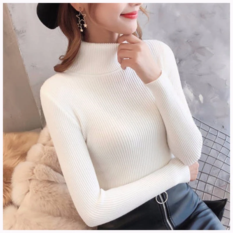 Lucyever/Модный корейский женский свитер с высоким воротником; осенне-зимний пуловер; тонкий женский базовый вязаный Топ; Повседневный однотонный джемпер; Sueter