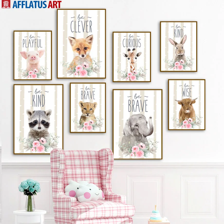 

Cute Raccoon Tiger Fox Rabbit Pig Drave Quotes Wall Art Canvas Painting Nordic Posters And Prints Wall Pictures Kids Room Decor