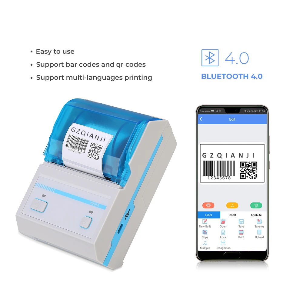 

2inch Barcode Label Printer Bluetooth Printer Thermal Portable High Speed Label Maker Compatible with Android for Supermarket