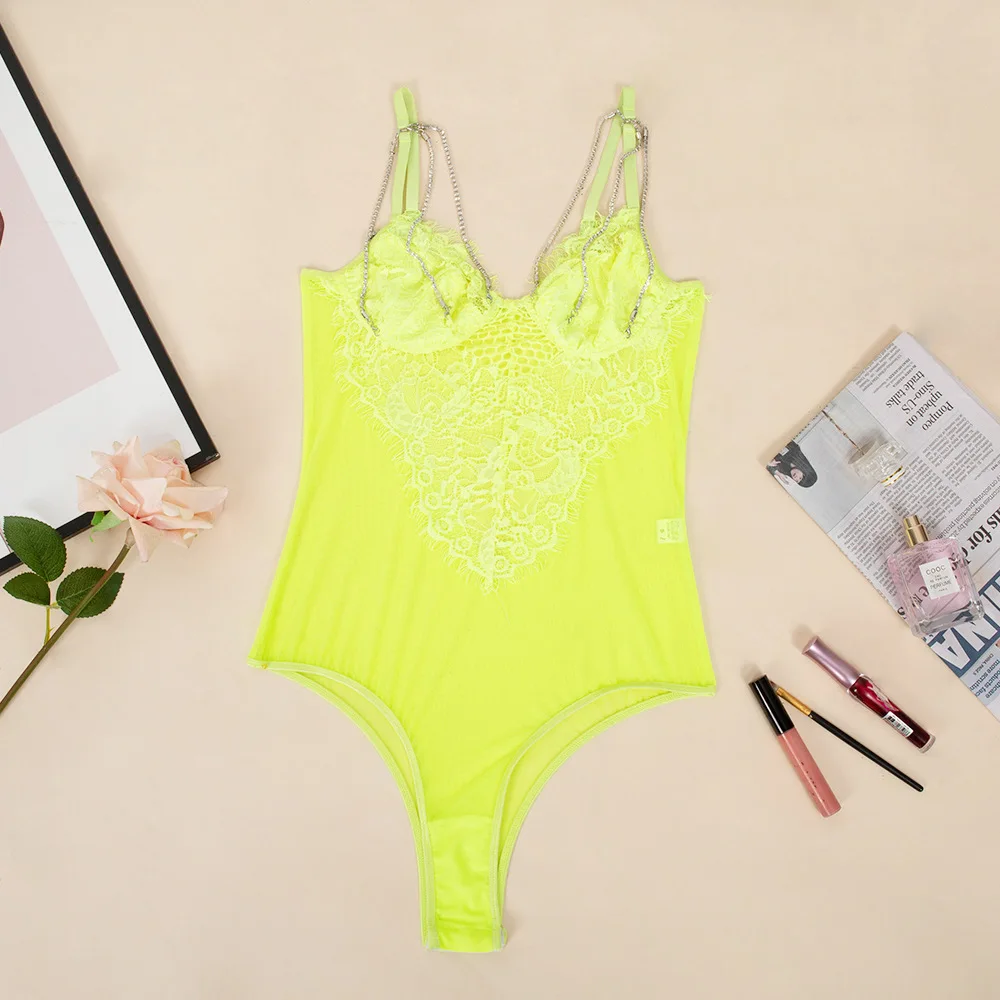Lace Bodysuit For Womens Sexy Spaghetti Strap Sleeveless Bodysuits OMSJ Summer Neon Green Ladies Bodycon Clubwear Bodysuits