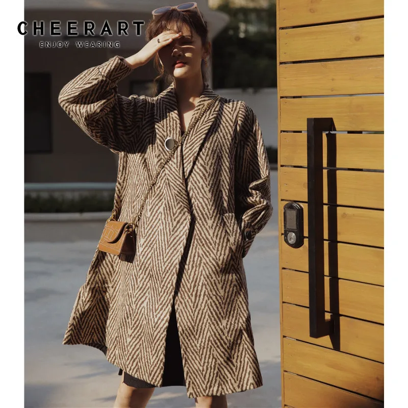 CHEERART зимнее коричневое шерстяное пальто с принтом зебры женское длинное