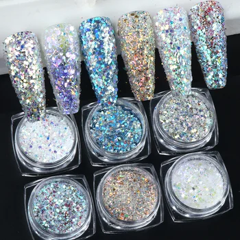 

6 Box Mermaid Effect Nail Art Chrome Pigment Glitter Hexagon Flakes Aurora Nail Powder Manicure Sequins Decoration LA1539-18-1