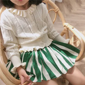 

Spring Autumn Girl Sweater Cardigan Outerwear Cotton Hollow Out Ruffles Cardigan Sweater for Kids Girls Causal Striped Skirt