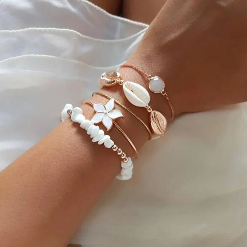 Tocona 5 шт./компл. Natutal браслеты с бусинами из камня для Для женщин белые цветы летняя раковина Opeal цепи море ювелирные изделия оптом 9256