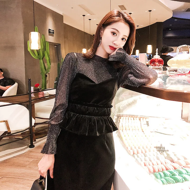 

2018 New Style Transparent Lantern Sleeve Fashionable Slimming Camisole Velvet Long Two-Piece Set