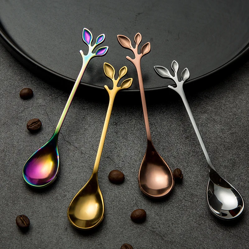 

1PC Stainless Steel Branches Leaf Pattern Coffee Tea Spoon Dinnerware Cutlery Fruit Dessert Fork Stir Spoon Colorful Tableware
