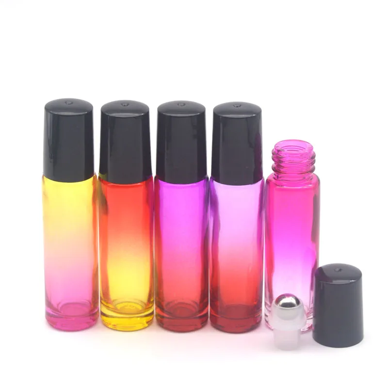 50 шт 10 мл градиентный цвет рулон стеклянная бутылка 10cc парфюм пустой ролик на шарике толстое стекло прочный для путешествий эфирное масло