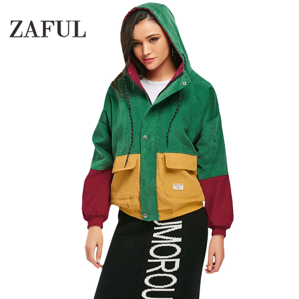 

ZAFUL Female Jacket Color Block Hooded Corduroy Jacket Fashion Patchwork Women'S Windbreaker Slim Women Winter 2019 Hooded Coats