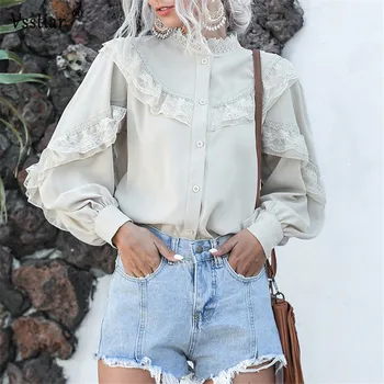 

Vsstiar Lace Blouse Women Summer Lantern Sleeve Casual Chiffon Tops Plus Size Office Shirts Beige White