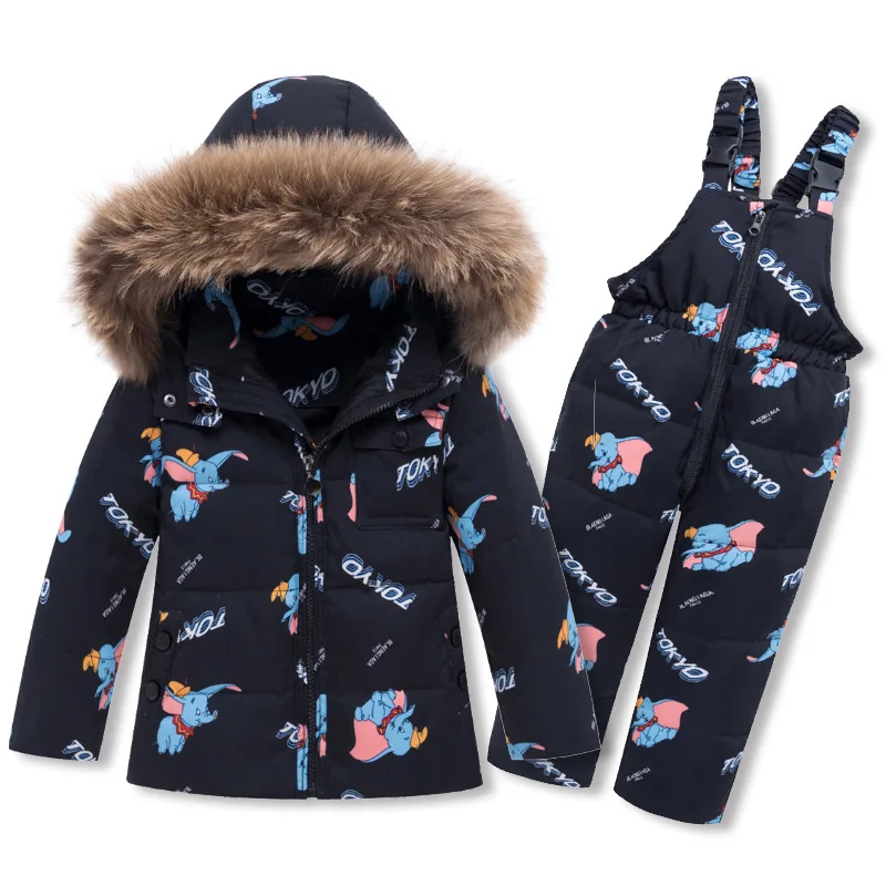 Зимний пуховик для маленьких мальчиков, комплект для девочек, теплая куртка детский зимний комбинезон, парка одежда с натуральным мехом детский лыжный комбинезон, пальто - Цвет: Черный