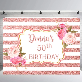 

BEIPOTO Women lady's 50th 40th adult birthday party backdrop Pink gold Glitter stripes flower decoration photo background B-432