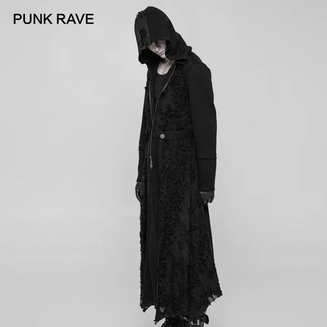 

PUNK RAVE Men Gothic Velveteen Black Long Coats Halloween Vampire Cosplay Costume Punk Personality Hooded Men Trench Coat