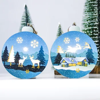 

Coloured Drawing Wooden LED Christmas Decorative Hanging Ornament Round Pendant Luminous Christamas(Battery Included) New