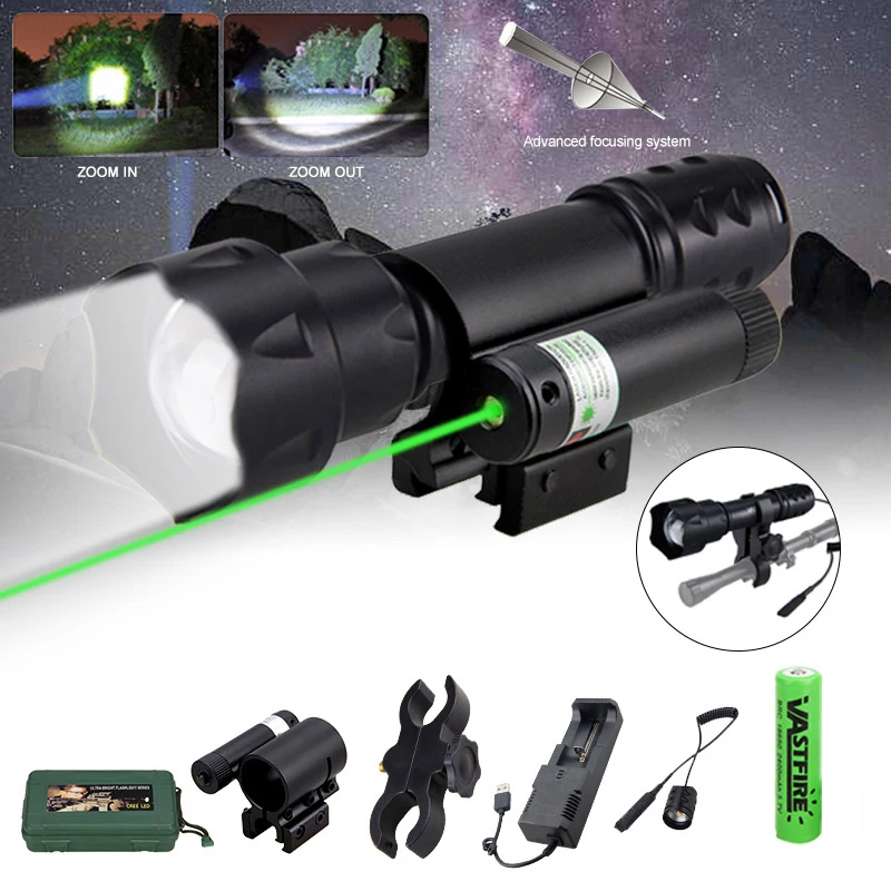 

400 Yards T20 White Zoomable Weapon Gun Light Tactical Hunting Rifle Flashlight+Green/Red Laser Dot Sight+18650+Mount+Switch+Box