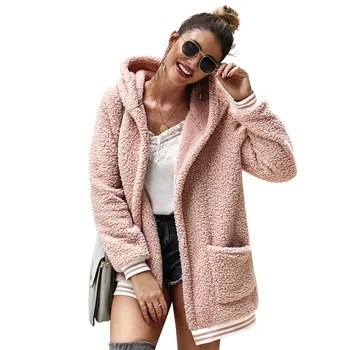 

2020 New Autumn Winter Hooded Pockets Female Plush Fluffy Outwear Tops Faux Fur Long Jacket Women Casual Thick Cardigan Coats