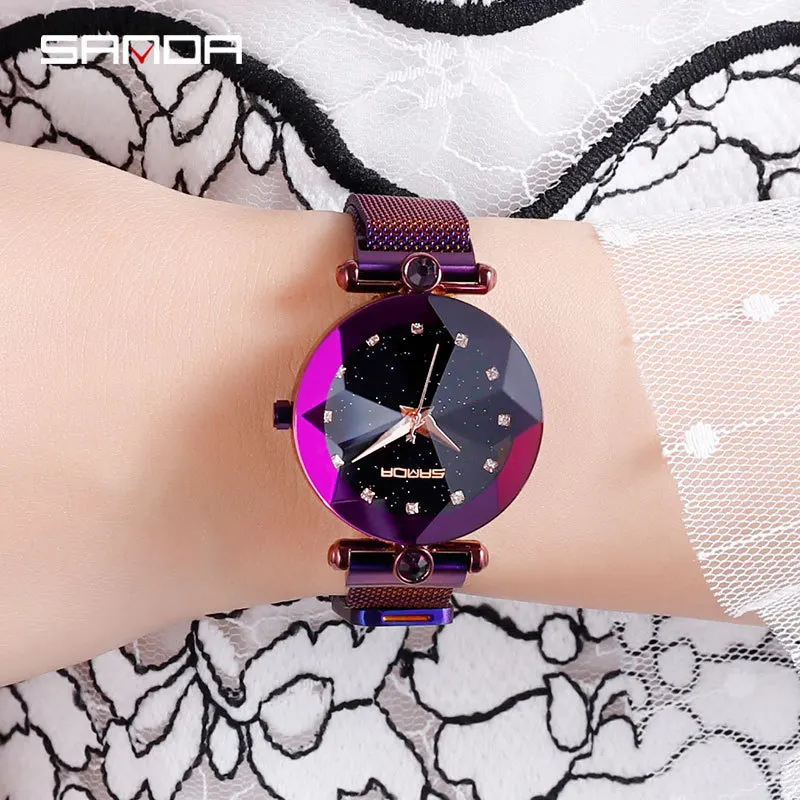 Sanda Лидер продаж модные женские кварцевые часы Звездное небо Сияющие Роскошные