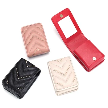 

1 PC Studded Genuine Leather Makeup Bag Women Lipstick Make Up Bag With Mirror Women Girls Portable Beauty Cosmetic Packet Case