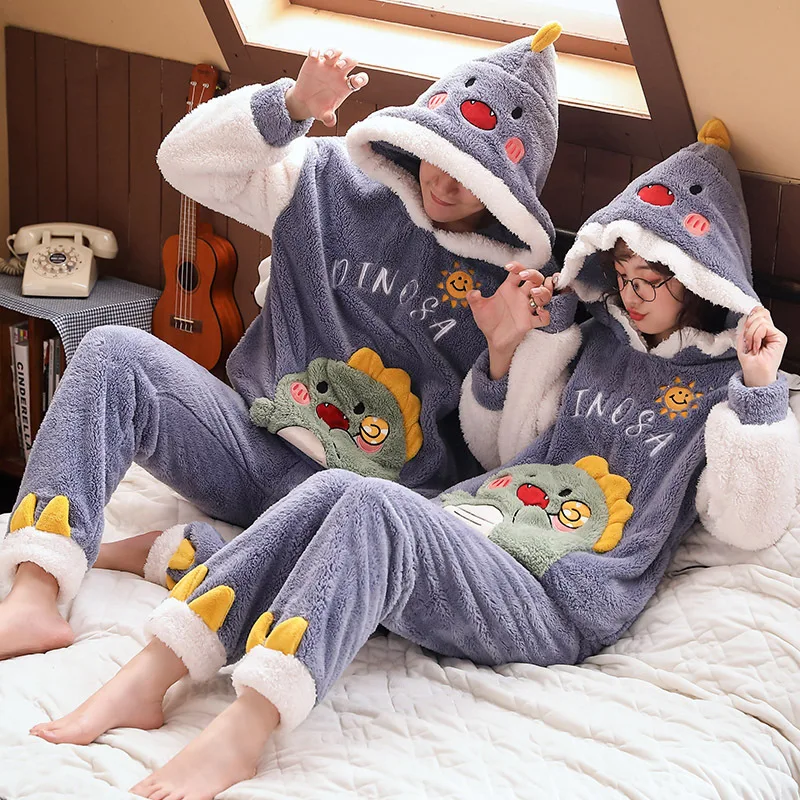 

Unisex Adult Couple Pajamas Set Men Women Pyjamas Suit Thicken Female Sleepwear Winter Warm Flannel Cute Animal Cartoon Homewear