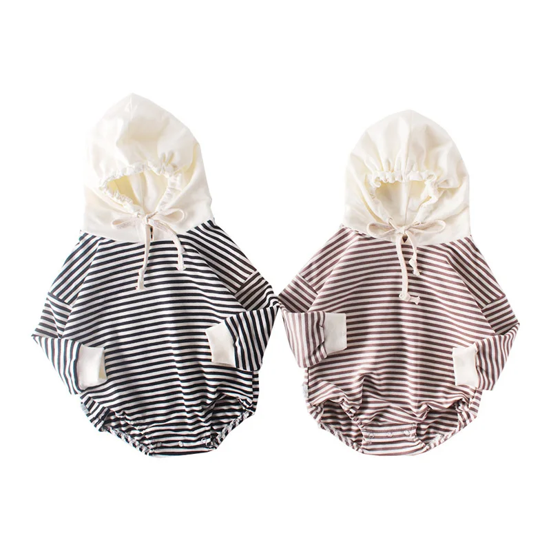 

Spring Autumn Baby Cotton Rompers Infant Boys Girls Striped Hooded Sweatshirt Tops Newborn Jumpsuit Baby Warm Outfits Clothes