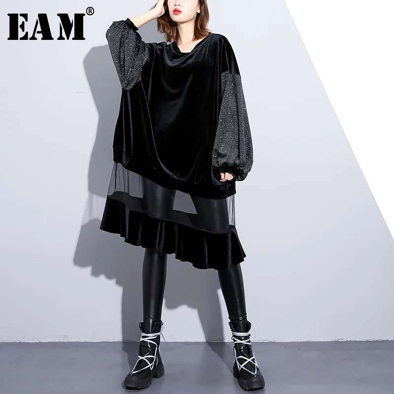 

[EAM] 2019 New Spring Winter Round Neck Long Sleeve Black Loose Hem Mesh Dot Printed Loose Velour Dress Women Fashion Tide JI390