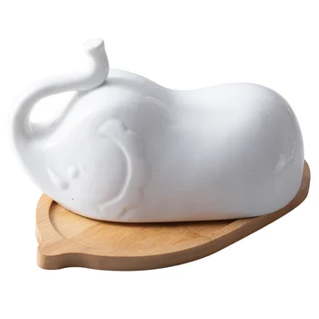 

Elephant Shape Butter Dish with Ceramic Lid Simple Wooden Plate Household Tableware for Home Hotel