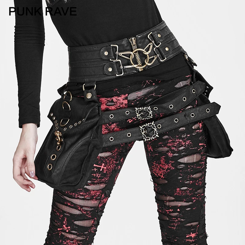 

PANK RAVE Heavy Punk Rock Leather Belt Bags Steampunk Black Fashion Causal Waistband with Two Bags Women Waist Packs Gothic