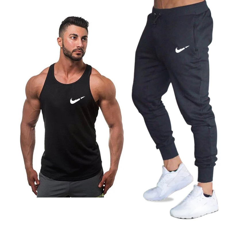 

Men Tracksuits Suits Tank Top+Joggers Pants Sportwear Sets Male Sweatshirts Brand Men Fitness Vest Set Brand Clothing+Pants