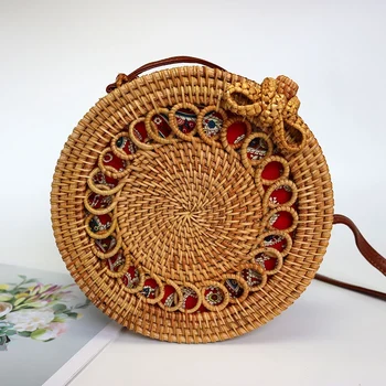 

Round Straw Bag Ladies Hand-Woven Rattan Shoulder Messenger Bag Beach Handbag Travel Bag