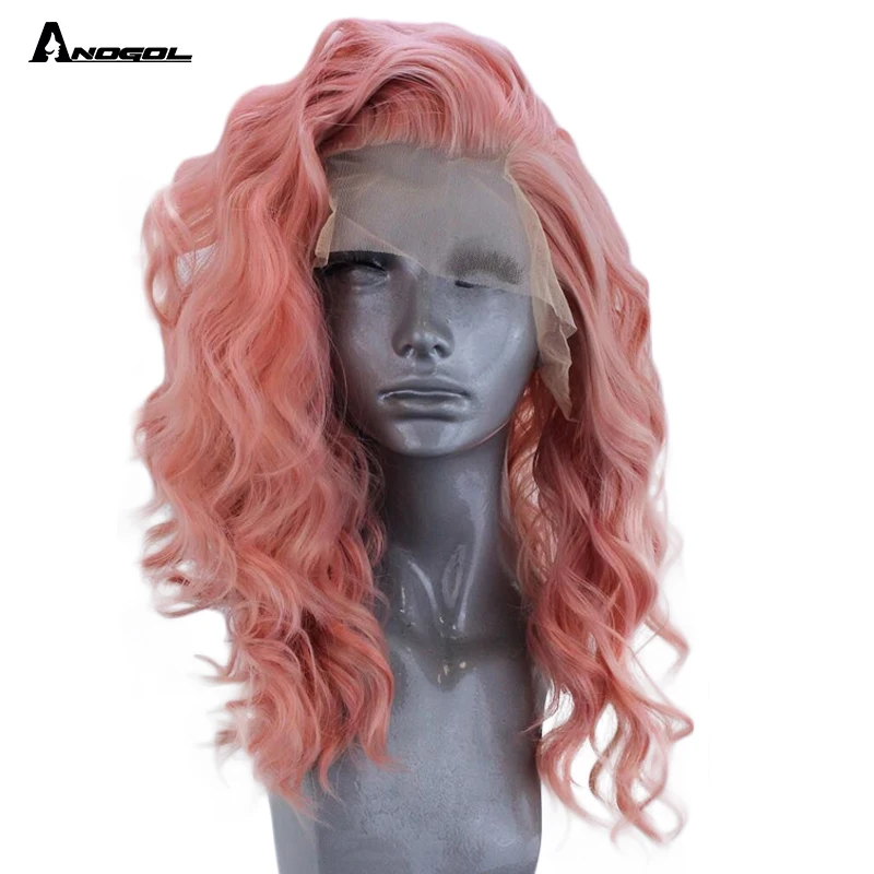 Anogol Short Natural Wave Pink Free Part High Temperature Fiber Synthetic Lace Front Hair Wigs For White Women