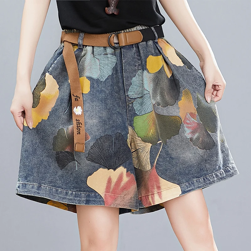 Women Oversize Denim Short Floral Print Vintage Wide Leg Jean Shorts Office Lady Casual Trendy Streetwear Elastic Waist Shorts