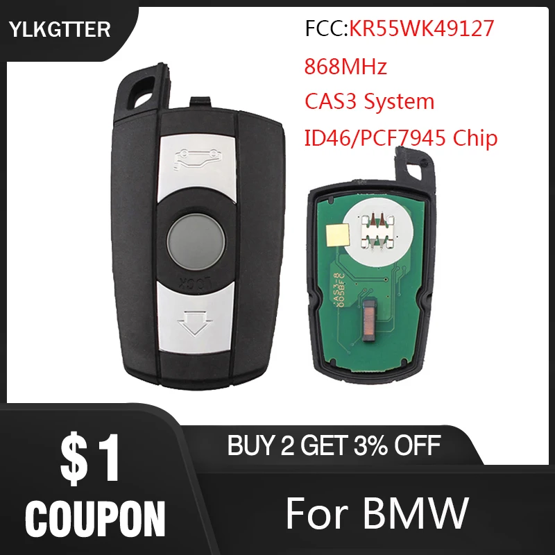 

YLKGTTER 868MHz Car Remote Smart Key for BMW 1/3/5/7 Series CAS3 System X5 X6 Z4 Car Control Transmitter with PCF7945 Chip