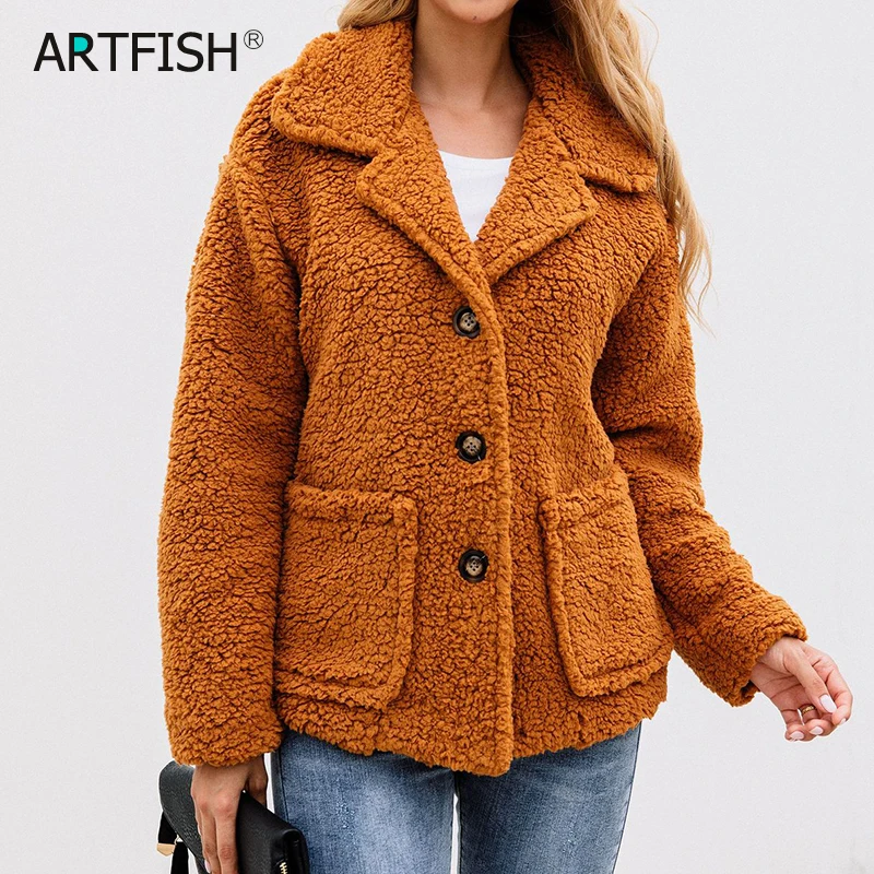 

Autumn Women Warm Jacket Coats Teddy Winter Cardigan Single Breast Woolen Blends Turn Down Collar Buttons Slim Streetwear GV932