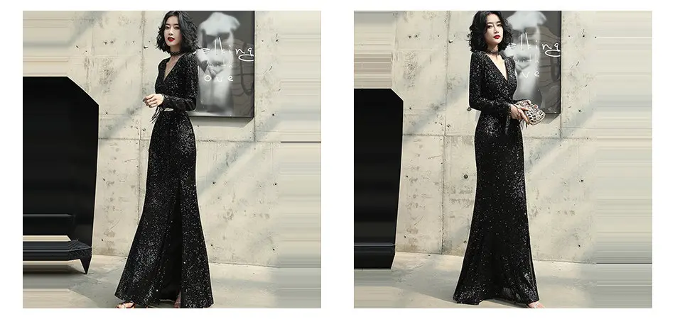 Длинные рукава Формальные платья с глубоким v-образным вырезом Robe De Soiree K020 длинные размера плюс женские вечерние платья элегантное вечернее платье с пайетками