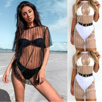 

Sexy Women Ladies Dress Short Sleeve Thin See Through Summer Beach Bikini Cover Up Solid Swimming Suit Bathing Suit