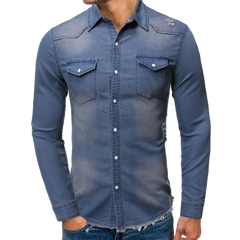 New Men's Shirts Denim Fashion Casual Jeans Jackets Long Sleeve Pocket Slim Fit Button Autumn Solid Color Turn Down Collar Tops | Мужская