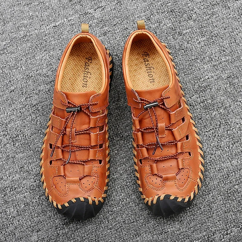 Мужские кожаные сандалии в римском стиле; пляжные мужские походные летние классические резиновые туфли ручной работы