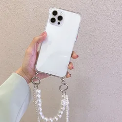 Elegant Pearl Bracelet Chain Crossbody Lanyard Necklace Soft Phone Case Cover for Mi 17T Pro (Clear)