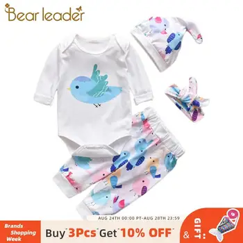 

Bear Leader Kids Clothing Suits 4PCS Cartoon Bird Pattern Toddler Romper with Hat and Hairband Baby Boys Cutes Sets Girl Costume