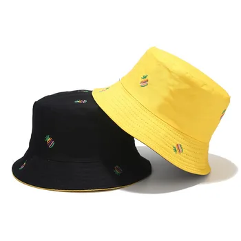 

LVYI064 New pineapple embroidery Double wearing bucket hat Outdoor unisex women floppy foldable fisherman hat Sun Cap Fishing