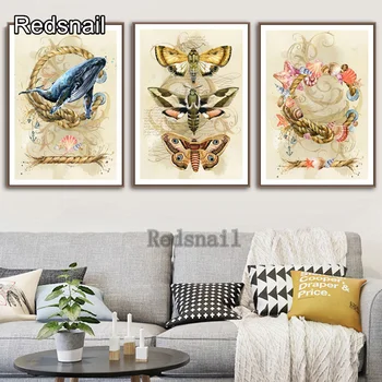

full drill square diamond painting cross stitch Whale Butterfly Modular Vintage Poster 5d diamond mosaic 3 pcs baby decor TT1075